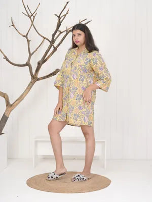 Women Yellow Floral Printed Cotton Kurti Dress – Comfortable Casual Wear